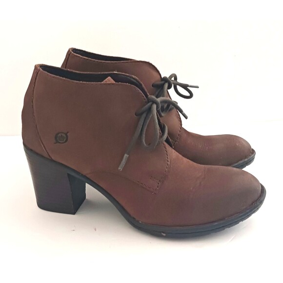 BORN Fina Brown Nubuck Leather Ankle Boot Single Lace Wood Block Heel 7.5 - Picture 1 of 11